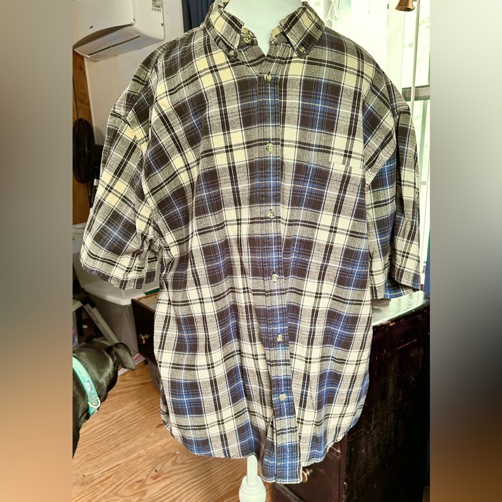 Faded Glory Men's Navy & Cream Button Down Short Sleeve Plaid Shirt, 2XL